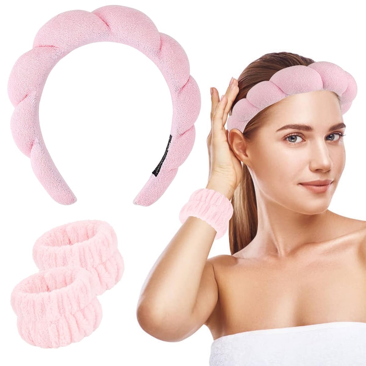 MAYCREATE Spa Headband Wristband for Women Girls Face Washing, Facial Skincare Headband Sunflower Sponge Makeup Hairband Wrist Washband Combo Set - Pink MAYCREATE Spa Headband Wristband for Women Girls Face Washing, Facial Skincare Headband Sunflower Sponge Makeup Hairband Wrist Washband Combo Set - Pink
